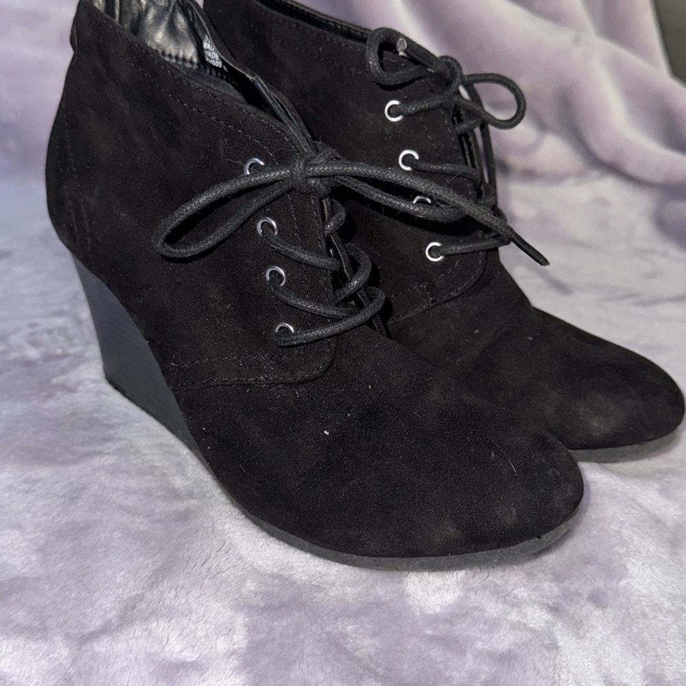 Black Suede Wedge Booties with Side Zipper